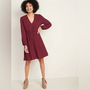Maroon Waist-Defined Wrap-Front Dress